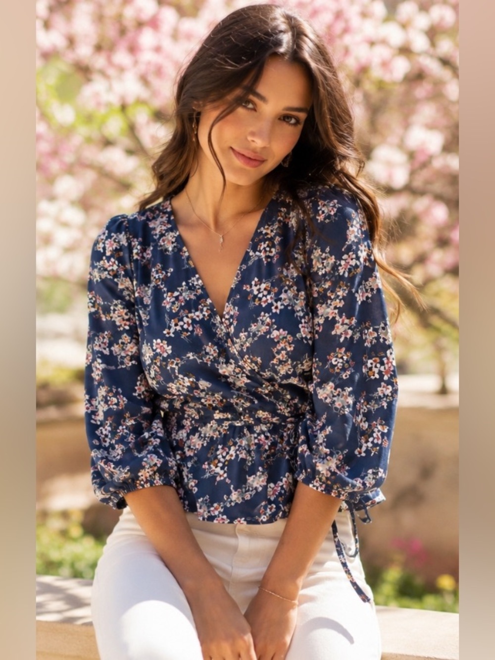 Cottagecore boho coquette Navy Floral Wrap peplum Blouse